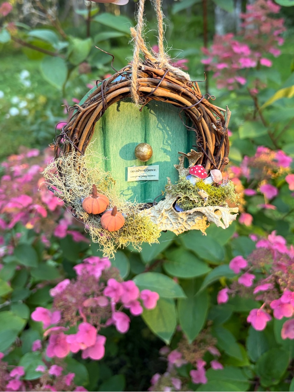 Handmade Green Mini hobbit/fairy Door Wreath ornament with Orange Pumpkin Accent
